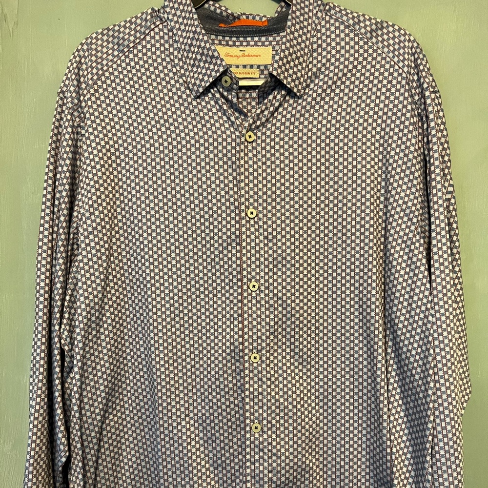 Tommy Bahama Long Sleeved Dress Shirt, XL, Blue and White Squares, Red Striped